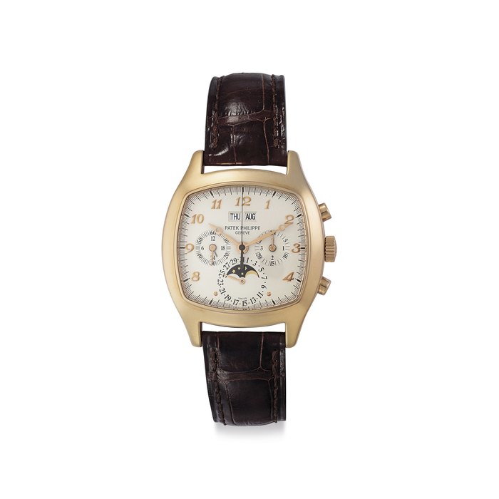 Patek Philippe. A Fine and Rare 18k Pink Gold Cushion-Shaped Perpetual Calendar Chronograph Wristwatch with Moon Phases and Breguet Numerals Signed Patek Philippe, Genève, Ref. 5020R, Movement No. 3'045'238, Case No. 2'956'260, Manufactured in 1995
