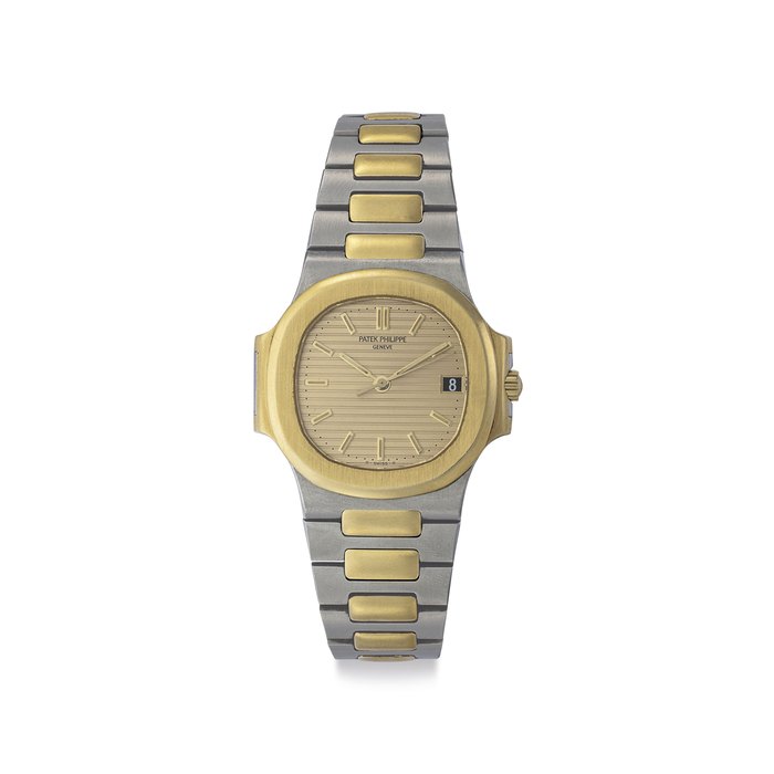 Patek Philippe. A Fine 18k Gold and Stainless Steel Automatic Wristwatch with Date, Center Seconds and Bracelet Signed Patek Philippe, Genève, Nautilus Model, Ref. 3800/1, Movement No. 1'422'226 , Case No. 2'800'988, Manufactured in 1983