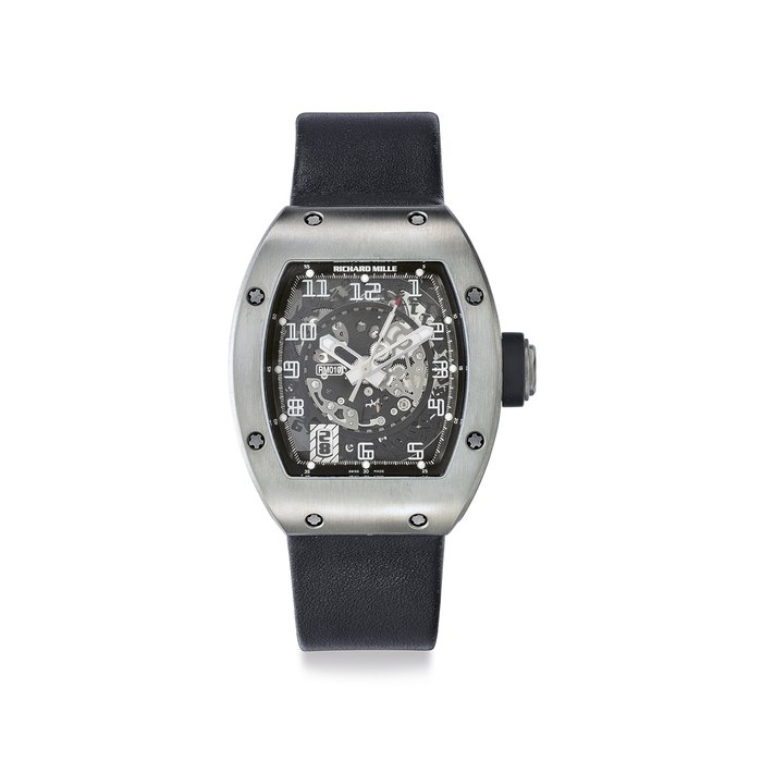 Richard Mille. A Very Fine Titanium Automatic Skeletonized Tonneau-shaped Wristwatch with Date and Center Seconds Signed Richard Mille, Ref. RM010 AH Ti / 1074, Movement No. 7763, Circa 2010