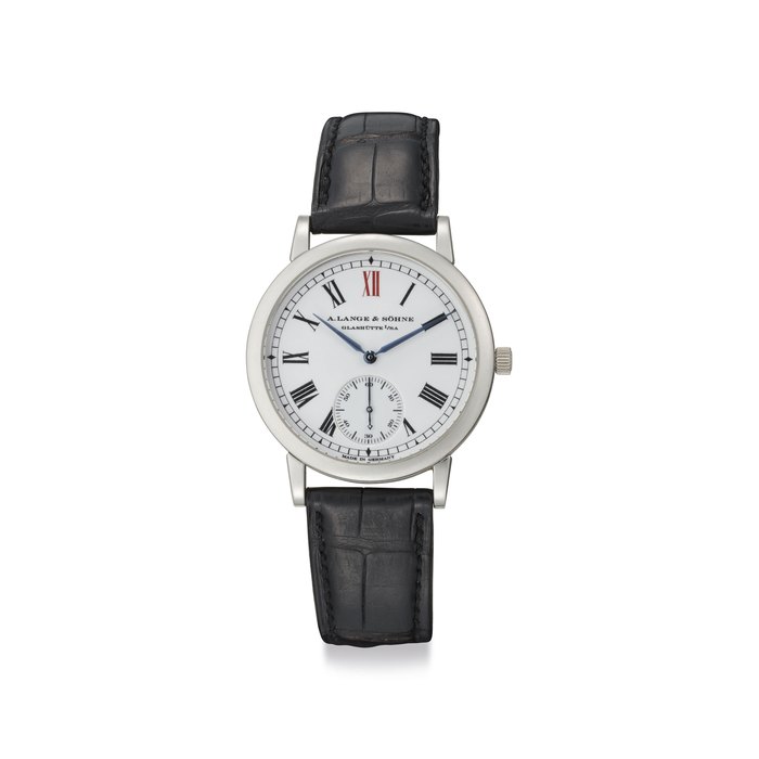 A. Lange & Söhne. A Fine and Rare Limited Edition Platinum Automatic Wristwatch with Enamel Dial Signed A. Lange & Söhne, Glashütte I/SA, Anniversary Langematik Model, No. 421/500, Ref. 305'025, Movement No. 22'378, Case No. 132'421, Circa 2004