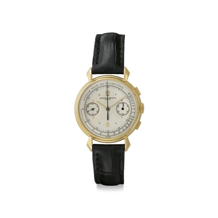 Vacheron Constantin. A Fine 18k Gold Chronograph Wristwatch with Fancy Lugs and Pulsation Dial Signed Vacheron & Constantin, Genève, Ref. 4178, Movement No. 466'301, Case No. 295'643, Manufactured in 1948