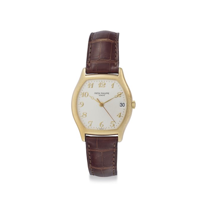 Patek Philippe. A Fine 18k Gold Tonneau-Shaped Automatic Wristwatch with Date and Center Seconds Signed Patek Philippe, Genève, Ref. 5030J, Movement No. 3'014'365, Case No. 4'096'234, Manufactured in 2000