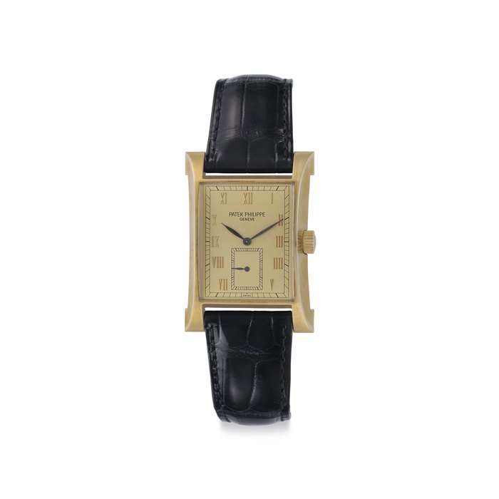 Patek Philippe. A Fine 18k Gold Limited Edition Rectangular-shaped Wristwatch with Gilt Dial Signed Patek Philippe, Genève, Pagoda Model. Ref. 5500J, Movement No. 1'859'092, Case No. 4'013'799, Manufactured in 1997