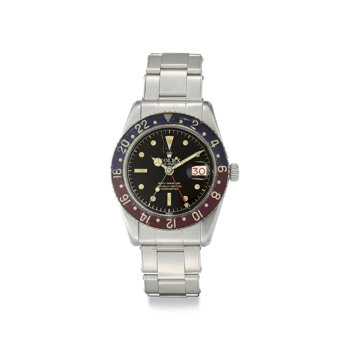 Rolex. A Rare Stainless Steel Automatic Dual time Wristwatch with Date, Center Seconds and Bracelet Signed Rolex, Oyster-Perpetual, GMT-Master, Ref. 6542, Case No. 427'040, Circa 1958