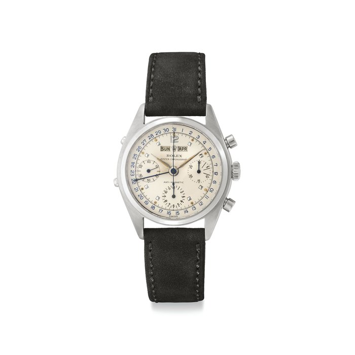 Rolex. A Very Fine and Rare Stainless Steel Triple Calendar Chronograph Wristwatch Signed Rolex, Oyster Chronograph, Anti-magnetic, Jean-Claude Killy Model, Ref. 6036, Case No. 917'920, Circa 1952