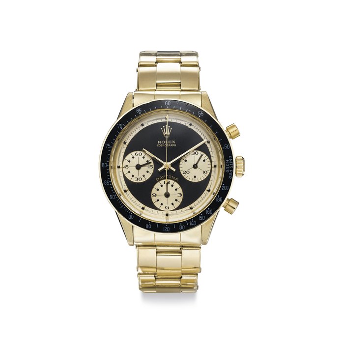 Rolex. An Extremely Fine and Very Rare 14k Gold Chronograph Wristwatch with Black "John Player Special Paul Newman" Dial and Bracelet Signed Rolex, Cosmograph, Daytona, "John Player Special Paul Newman" Model, Ref. 6241, Case No. 2'084'215, Circa 1968