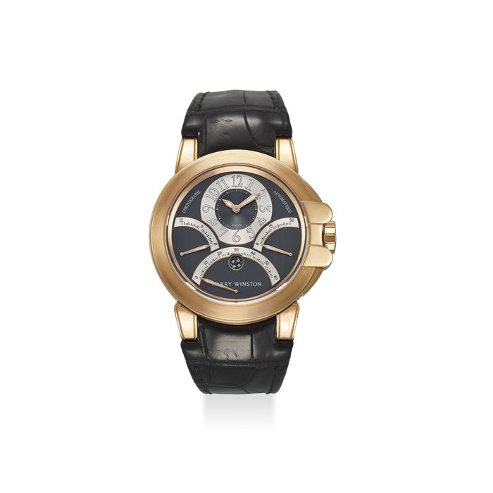HARRY WINSTON. AN EXTREMELY FINE 18K ROSE GOLD TRIPLE RETROGRADE CHRONOGRAPH AUTOMATIC WRISTWATCH WITH ORIGINAL CERTIFICATE AND BOX SIGNED HARRY WINSTON, THE OCEAN COLLECTION TRIPLE RETROGRADE CHRONOGRAPH MODEL, REF: 400-MCRA44R, CASE NO. 029’183, CIRCA 2012
