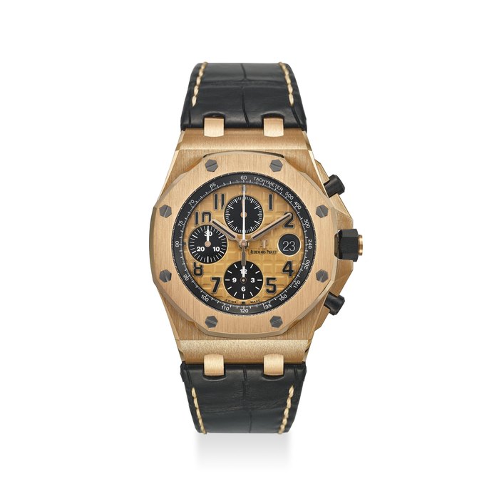 AUDEMARS PIGUET. AN EXTREMELY FINE 18K ROSE GOLD CHRONOGRAPH AUTOMATIC WRISTWATCH WITH DATE AND SECOND, ORIGINAL CERTIFICATE AND BOX SIGNED AUDEMARS PIGUET, ROYAL OAK OFFSHORE MODEL, REF. 26470OR.OO.A002CR.01, MOVEMENT NO. 981’237, CASE NO. I64864-1136, CIRCA 2015
