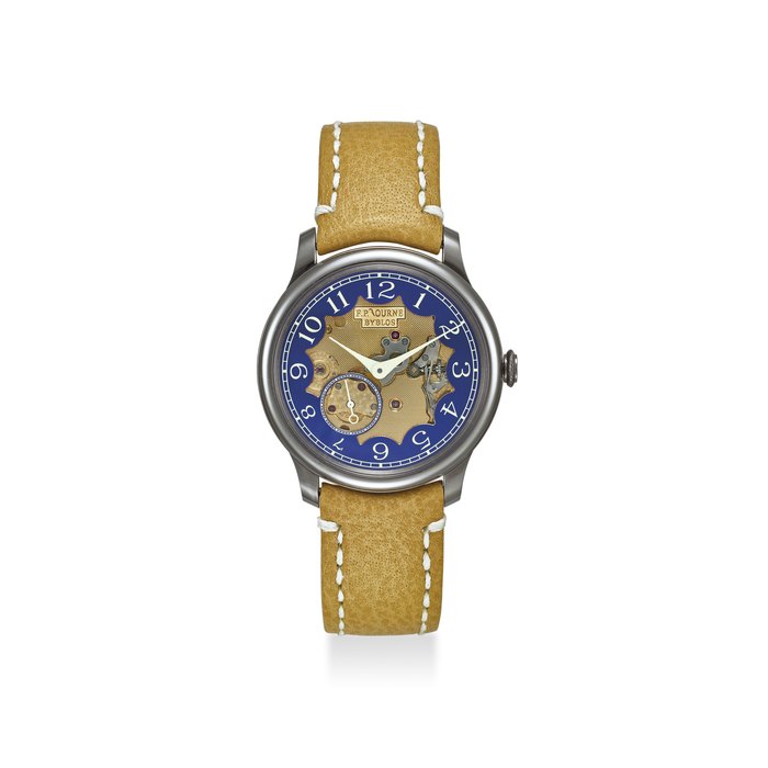 F.P.JOURNE. AN EXTREMELY FINE AND LIMITED EDITION TANTALUM MANUAL WINDING WRISTWATCH WITH OFF CENTERED SECOND, ORIGINAL CERTIFICATE AND BOX SIGNED F.P.JOURNE, CHRONOMÈTRE BLEU BYBLOS, MOVEMENT NO. EP 1 760 544 A1, CASE NO. 15/99-BYBLOS, LIMITED EDITION NO. 15 OF 99, CIRCA 2014