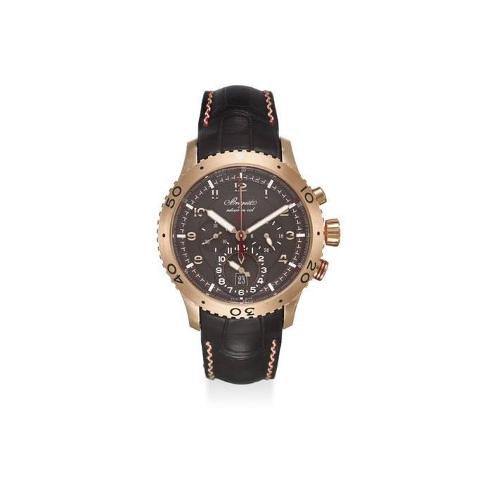 BREGUET. AN EXTREMELY FINE 18K ROSE GOLD CHRONOGRAPH DUAL TIME AUTOMATIC WRISTWATCH WITH DATE, ORIGINAL CERTIFICATE AND BOX SIGNED BREGUET, TYPE XXII TRANSATLANTIQUE FLYBACK CHRONOGRAPH MODEL, REF. 3880BR/Z2/9XV, CASE NO. 104982, CIRCA 2013