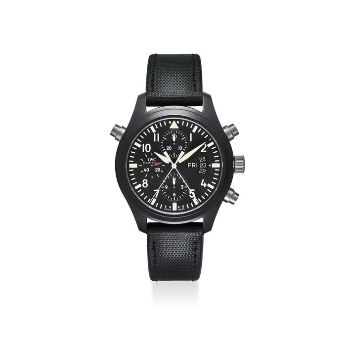 IWC. A LARGE CERAMIC AND TITANIUM LIMITED EDITION AUTOMATIC SPLIT SECONDS PILOT'S CHRONOGRAPH WRISTWATCH WITH DAY, DATE AND WARRANTY SIGNED IWC, SCHAFFHAUSEN, DOUBLE CHRONOGRAPH MODEL, LIMITED EDITION NO. 0083/1000, REF. 3786-01, CASE NO. 3'180’078, CIRCA 2005