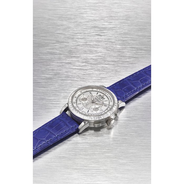 A. LANGE & SOHNE. AN EXTREMELY FINE AND RARE PLATINUM DIAMOND-SET FLYBACK CHRONOGRAPH WRISTWATCH WITH OVERSIZED DATE, CERTIFICATE AND BOX SIGNED A. LANGE & SOHNE, GLASHUTTE, DATOGRAPH FLYBACK MODEL, REF. 815’026, MOVEMENT NO. 42’013, CASE NO. 151’622, CIRCA 2000