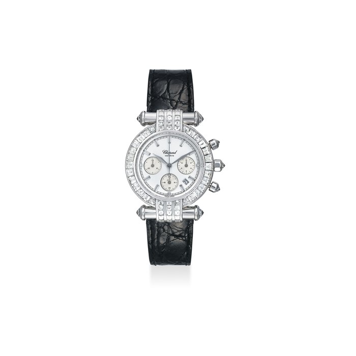 CHOPARD. AN IMPRESSIVE 18K WHITE GOLD AND DIAMOND-SET CHRONOGRAPH QUARTZ WRISTWATCH WITH DATE AND BOX SIGNED CHOPARD, GENEVE, IMPERIALE MODEL, REF. 37/3181-20, CASE NOS. 374’207 AND 1215, MANUFACTURED IN 2008.