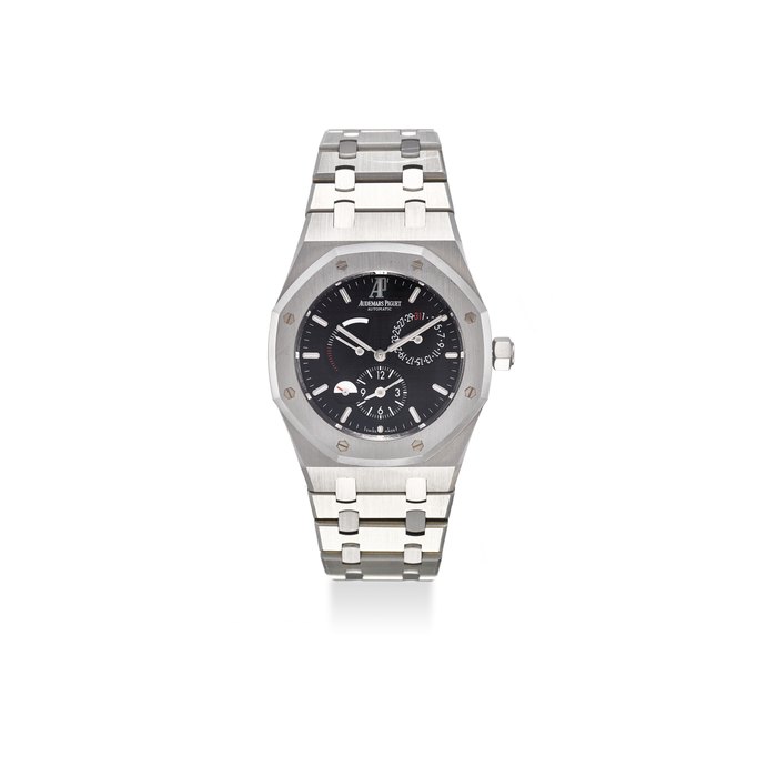 AUDEMARS PIGUET. AN EXTREMELY FINE STAINLESS STEEL BLACK DIAL AUTOMATIC DUAL TIME WRISTWATCH, WITH ORIGINAL CERTIFICATE AND BOX . SIGNED AUDEMARS PIGUET, ROYAL OAK, REF. 26120ST.OO.1220ST.03, MOVEMENT NO. 936466, CASE NO. G63548, CIRCA 2010