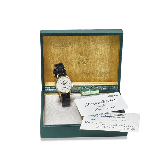 ROLEX. A VERY FINE AND RARE 18K GOLD WRISTWATCH, MADE FOR PRINCE KHALID BIN ABDULLAH BIN ABDULAZIZ AL SAUD, WITH ROYAL INVITATION AND BOX SIGNED ROLEX, CELINI MODEL, REF. 4112, CASE NO. 4'305'968, CIRCA 1976
