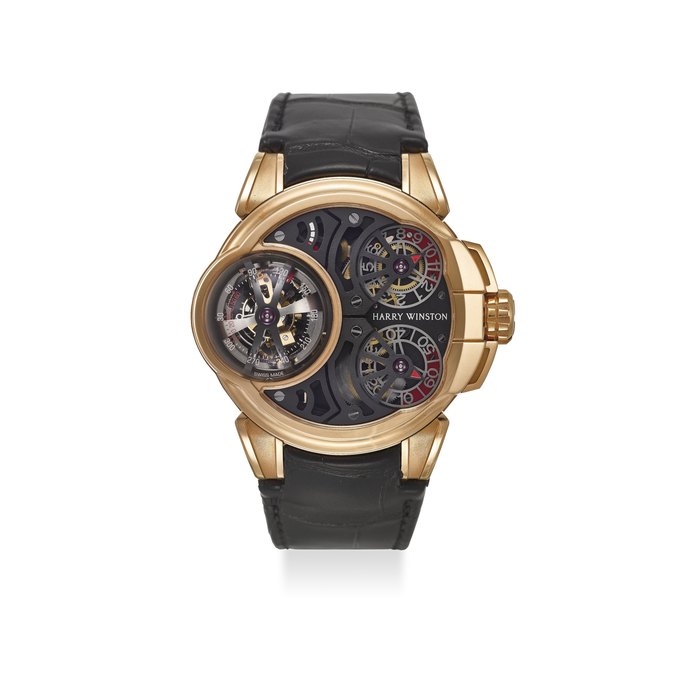 Harry Winston HARRY WINSTON. A VERY RARE AND INNOVATIVE 18K ROSE GOLD TOURBILLON MANUAL WIND WRISTWATCH WITH POWER RESERVE OF A LIMITED EDITION OF 20 PIECES ONLY SIGNED HARRY WINSTON, GENEVE, HISTOIRE DE TOURBILLON NO. 5 MODEL, LIMITATION NO. 14/20, REF. HCOMTT47RR001, CASE NO. 076’981, CIRCA 2014, Price & Market Data