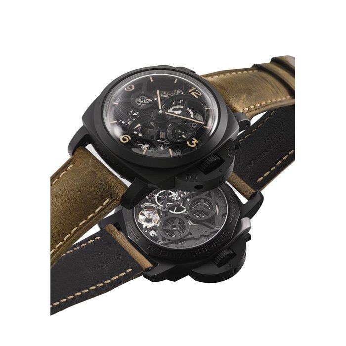 PANERAI. A VERY FINE AND RARE CERAMIC LIMITED EDITION CUSHION-SHAPED SKELETONISED TOURBILLION DUAL TIME WRISTWATCH WITH 6 DAY POWER RESERVE AND DAY AND NIGHT INDICATION SIGNED PANERAI, LO SCIENZIATO, RADIOMIR TOURBILLON GMT CERAMICA MODEL, LIMITED EDITION NO. 009/150, REF. PAM00350, CASE NO. BB 1588381, MANUFACTURED IN 2010