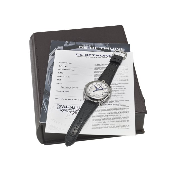 De Bethune DE BETHUNE. A TITANIUM AUTOMATIC WRISTWATCH WITH DATE, CERTIFICATE OF ORIGIN, INSTRUCTION MANUAL AND BOX SIGNED DE DETHUNE, TITAN HAWK MODEL, REF. DB27, CASE NO. 015, CIRCA 2015, Price & Market Data