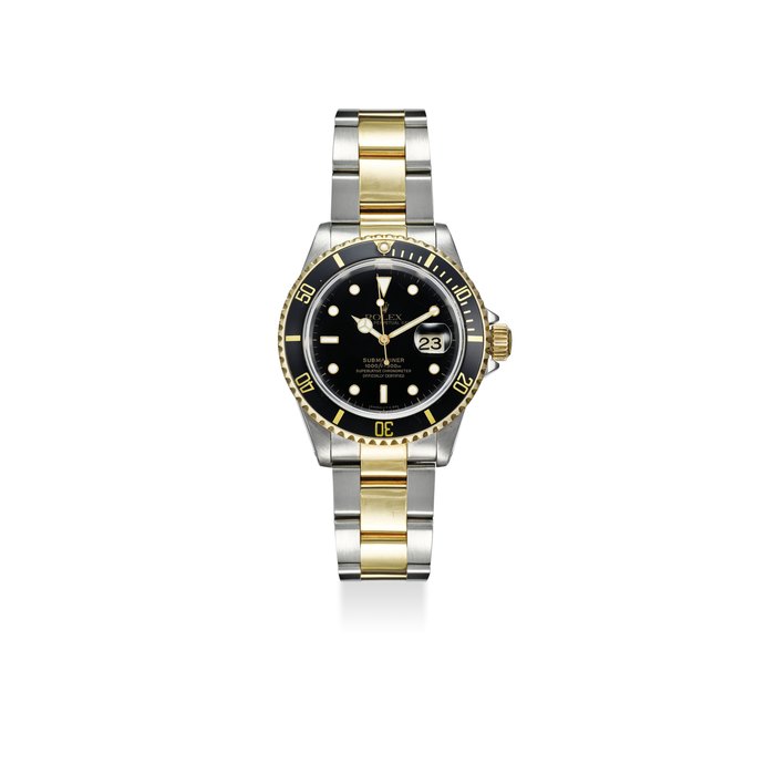 ROLEX. A FINE STAINLESS STEEL AND YELLOW GOLD AUTOMATIC WRISTWATCH WITH SWEEP CENTER SECONDS, DATE, BRACELET, GUARANTEE AND BOX SIGNED ROLEX, SUBMARINER, REF. 16613, CASE NO. U472186, CIRCA 1997