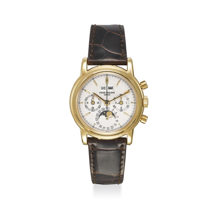 PATEK PHILIPPE. A VERY FINE AND RARE 18K YELLOW GOLD PERPETUAL CALENDAR CHRONOGRAPH WRISTWATCH WITH MOON PHASES, CERTIFICATE, SECOND CASE BACK AND BOX SIGNED PATEK PHILIPPE, GENEVE, REF. 3970J, MOVEMENT NO. 3'045'418, CASE NO 2'968'258, MANUFACTURED IN 1996