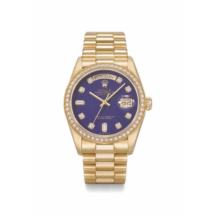 ROLEX. A VERY RARE AND ATTRACTIVE 18K GOLD AND DIAMOND-SET AUTOMATIC WRISTWATCH WITH DAY, DATE, SWEEP CENTRE SECONDS, BRACELET, AND LAPIS LAZULI DIAL, ADDITIONAL 18K GOLD BEZEL. SIGNED ROLEX, OYSTER PERPETUAL, DAY-DATE MODEL, REF. 18238, CASE NO. E797657, CIRCA 1990.