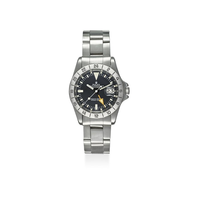 Rolex ROLEX. A FINE STAINLESS STEEL AUTOMATIC WRISTWATCH WITH SWEEP CENTRE SECONDS, 24 HOUR HAND, DATE AND BRACELET SIGNED ROLEX, EXPLORER II MODEL, REF. 1655, CASE NO. 2’906’307, CIRCA 1970, Price & Market Data