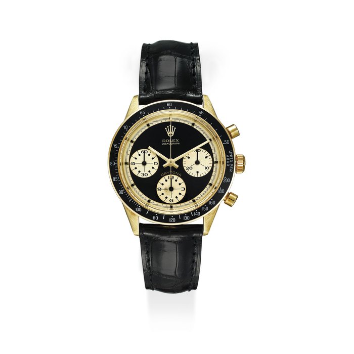 ROLEX. AN EXTREMELLY FINE AND VERY RARE 14K GOLD CHRONOGRAPH WRISTWATCH WITH BLACK “JOHN PLAYER SPECIAL PAUL NEWMAN DIAL” SIGNED ROLEX, COSMOGRAPH, DAYTONA, PAUL NEWMAN JOHN PLAYER SPECIAL MODEL, REF. 6241, CASE NO. 2’084’255, CIRCA 1969