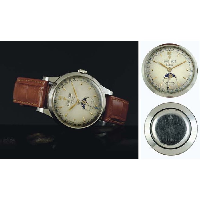 ROLEX. A VERY FINE AND RARE LARGE STAINLESS STEEL AUTOMATIC TRIPLE CALENDAR WRISTWATCH WITH MOON PHASES SIGNED ROLEX, PERPETUAL, PRECISION, MOVEMENT NO. 67108, CASE NO. 685877, REF. 8171, CIRCA 1950