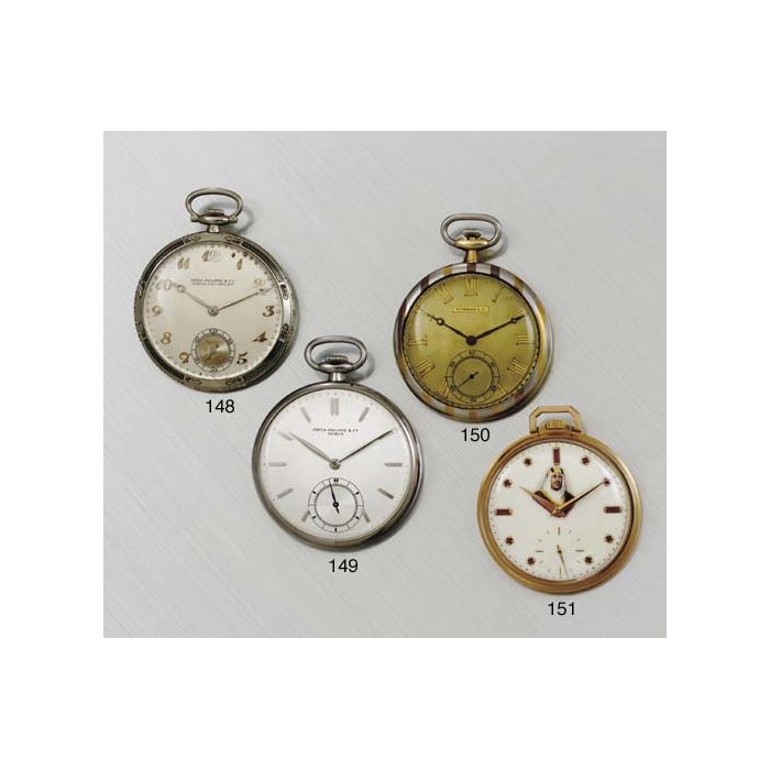 PATEK PHILIPPE. AN 18K PINK GOLD AND RUBY OPENFACE KEYLESS LEVER DRESS WATCH WITH ENAMEL DIAL SIGNED PATEK PHILIPPE & CO., GENEVE, MOVEMENT NO. 931984, CASE NO. 694662, REF. 600 1, CIRCA 1960