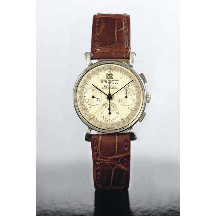 ROLEX. A RARE STAINLESS STEEL TRIPLE CALENDAR CHRONOGRAPH WRISTWATCH WITH TWO-TONE DIAL SIGNED ROLEX, CHRONOGRAPH, ANTIMAGNETIC, REF. 4768, CIRCA 1948