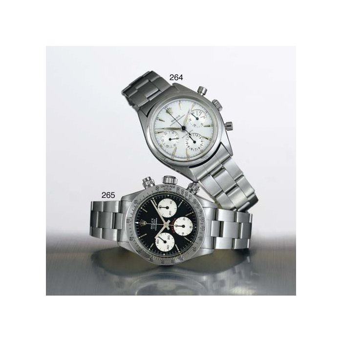 ROLEX. A RARE STAINLESS STEEL CHRONOGRAPH WRISTWATCH WITH BRACELET SIGNED ROLEX, OYSTER, COSMOGRAPH, "DAYTONA", CASE NO. 6393120, REF. 6265, CIRCA 1980
