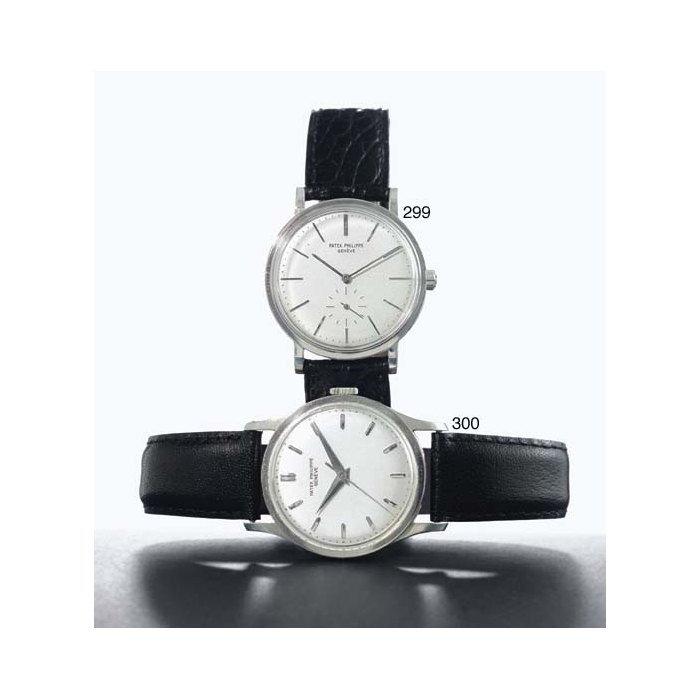 PATEK PHILIPPE. A RARE AND LARGE 18K WHITE GOLD WRISTWATCH WITH CENTER SECONDS SIGNED PATEK PHILIPPE, GENEVE, MOVEMENT NO. 711521, CASE NO. 318616, REF. 570, MANUFACTURED IN 1964