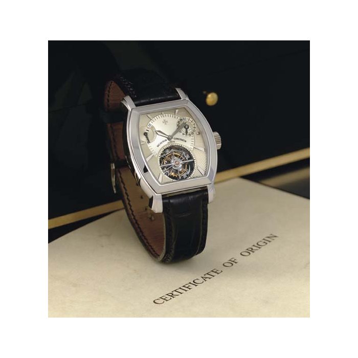 VACHERON CONSTANTIN. A FINE AND RARE PLATINUM TONNEAU TOURBILLON WRISTWATCH WITH DATE AND POWER RESERVE SIGNED VACHERON CONSTANTIN, GENEVE, "MALTE", MOVEMENT NO. 914781, CASE NO. 739638, REF. 30066-67/1, CIRCA 2001