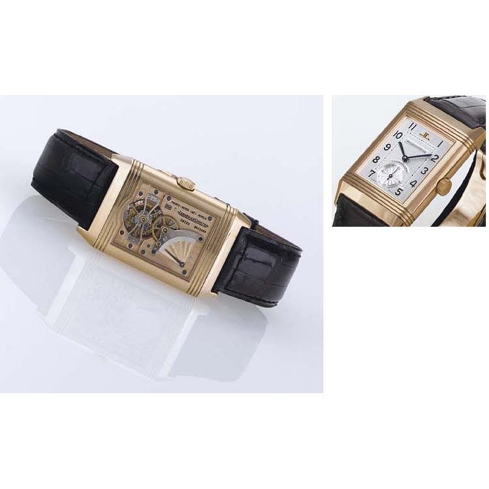 Jaeger-Lecoultre JAEGER-LECOULTRE. A FINE LIMITED EDITION 18K PINK GOLD RECTANGULAR REVERSIBLE ONE-MINUTE TOURBILLON WRISTWATCH WITH POWER RESERVE SIGNED JAEGER-LECOULTRE, "REVERSO TOURBILLON", NO. 247/500, REF. 270.2.68, CIRCA 1995