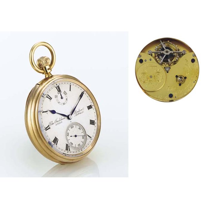 CHARLES FRODSHAM. A FINE AND RARE 18K GOLD OPENFACE ONE-MINUTE TOURBILLON KEYLESS LEVER POCKET WATCH WITH UP-AND-DOWN SIGNED CHAS. FRODSHAM, AD FMSZ, BY APPOINTMENT TO THE KING, 115 NEW BOND ST., LATE OF 84 STRAND, LONDON, NO. 12166/09269, CIRCA 1907