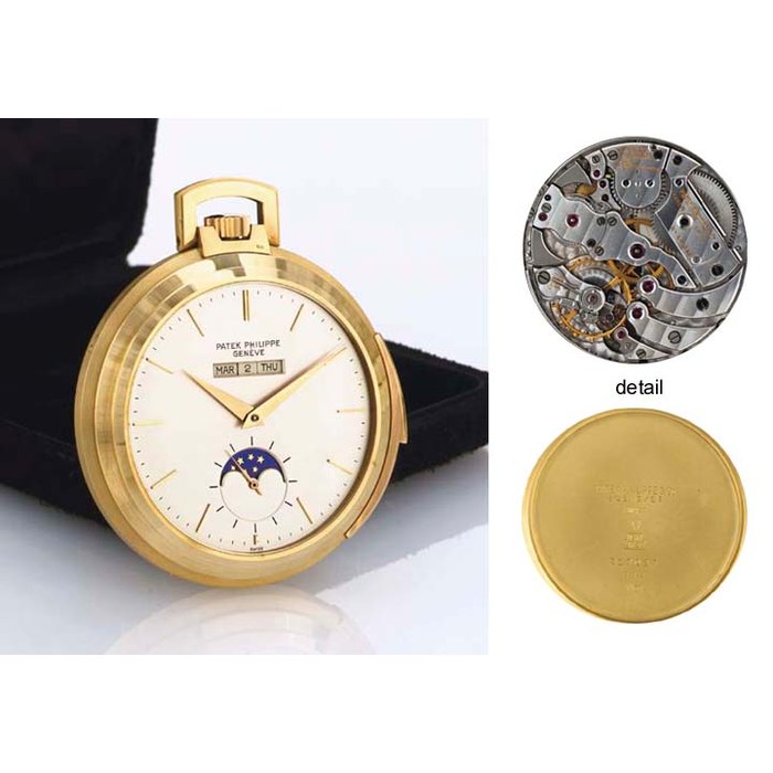 PATEK PHILIPPE. A FINE AND RARE 18K GOLD OPENFACE MINUTE REPEATING PERPETUAL CALENDAR KEYLESS LEVER POCKET WATCH WITH MOON PHASES SIGNED PATEK PHILIPPE, GENEVE, MOVEMENT NO. 861089, CASE NO. 317097, REF. 844, MANUFACTURED IN 1973