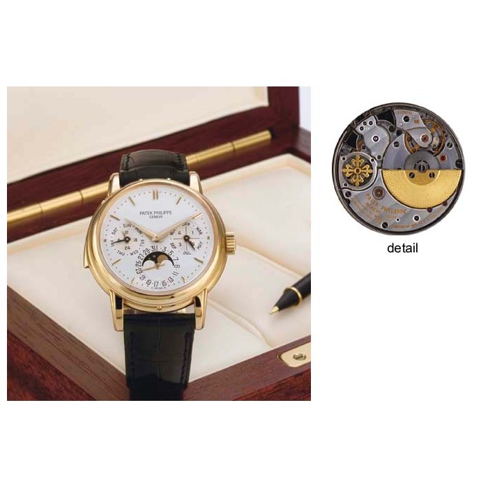 PATEK PHILIPPE. A VERY RARE AND IMPORTANT 18K GOLD AUTOMATIC MINUTE REPEATING PERPETUAL CALENDAR WRISTWATCH WITH MOON PHASES SIGNED PATEK PHILIPPE, GENEVE, MOVEMENT NO. 1906012, CASE NO. 2867035, REF. 3974, MANUFACTURED IN 1990