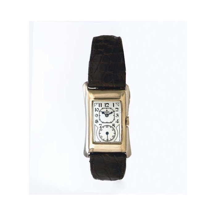 Rolex ROLEX. A RARE 9K TWO-COLOR GOLD FLARED RECTANGULAR WRISTWATCH SIGNED ROLEX, "PRINCE BRANCARD", MOVEMENT NO. 71139, CASE NO. 65074, REF. 971, CIRCA 1929, Price & Market Data