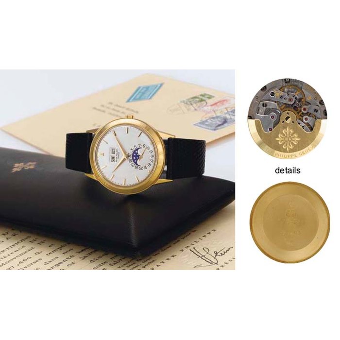 Patek Philippe PATEK PHILIPPE. A FINE AND RARE 18K GOLD AUTOMATIC PERPETUAL CALENDAR WRISTWATCH WITH MOON PHASES WITH ORIGINAL BOX AND CERTIFICATE SIGNED PATEK PHILIPPE, MOVEMENT NO. 1119223, CASE NO. 328495, REF. 3448, MANUFACTURED IN 1972, Price & Market Data