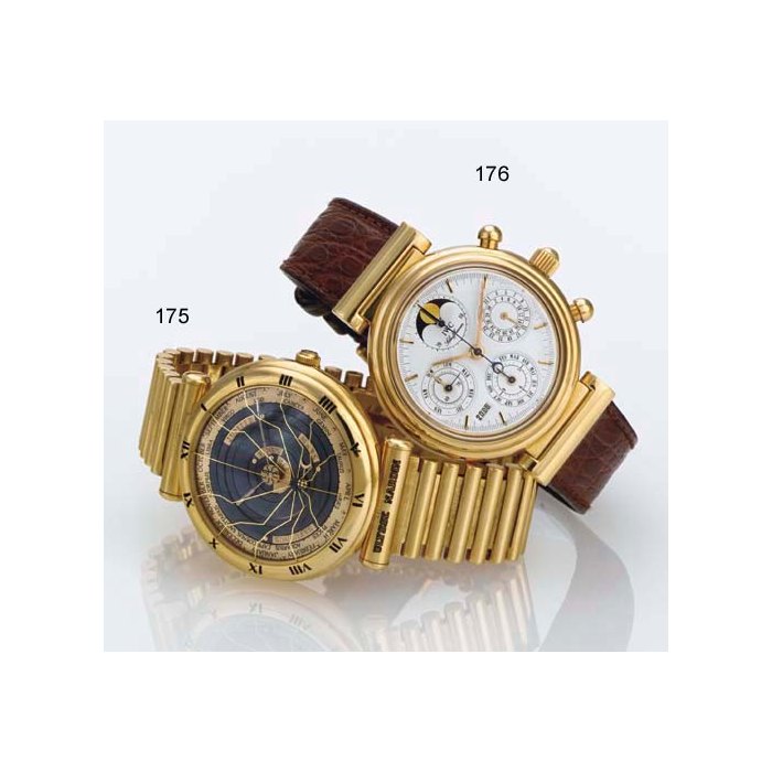 ULYSSE NARDIN. A RARE LIMITED EDITION 18K GOLD AUTOMATIC ASTRONOMICAL WRISTWATCH WITH BRACELET SIGNED ULYSSE NARDIN, MODEL "PLANETARIUM COPERNICUS", REF. 801-22, NO 024, CIRCA 1990