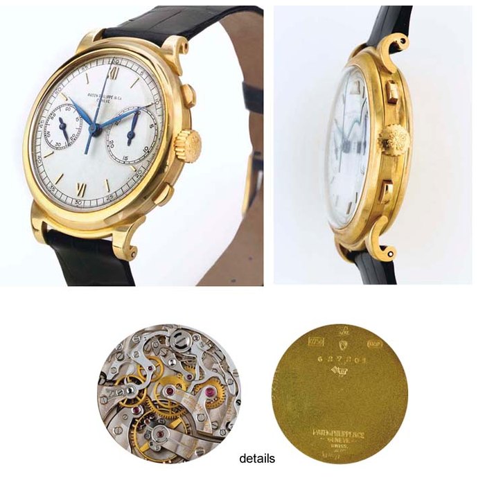 PATEK PHILIPPE. A UNIQUE AND UNUSUAL 18K GOLD CHRONOGRAPH WRISTWATCH WITH OVERSIZED REGISTER AND SCROLL LUGS SIGNED PATEK PHILIPPE & CO., GENEVE, MOVEMENT NO. 860508, CASE NO. 627201, REF. 1491, MOVEMENT MANUFACTURED IN 1937, ORIGINALLY SOLD IN 1938, RECASED BY PATEK PHILIPPE IN 1942