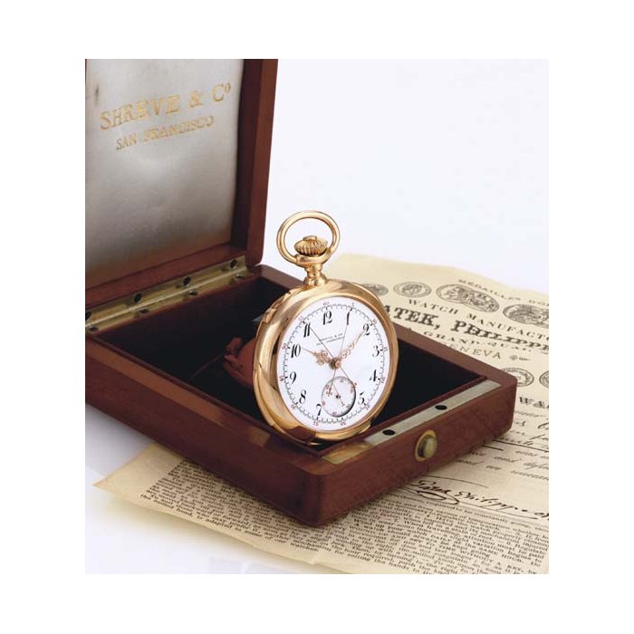 PATEK PHILIPPE. A FINE AND RARE 18K PINK GOLD OPENFACE MINUTE REPEATING SPLIT SECOND CHRONOGRAPH KEYLESS LEVER POCKET WATCH WITH ORIGINAL CERTIFICATE AND RETAILER'S BOX SIGNED PATEK PHILIPPE & CIE., GENEVE, MOVEMENT NO. 97381, CASE NO. 217665, RETAILED BY SHREVE & CO., SAN FRANCISCO, MANUFACTURED IN 1893
