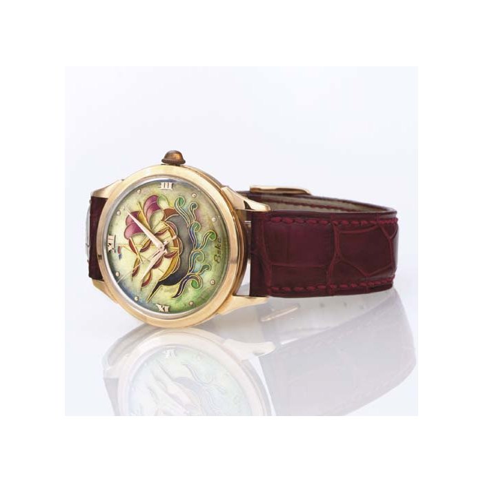 ESKA. A RARE 18K PINK GOLD AUTOMATIC WRISTWATCH WITH CENTER SECONDS AND CLOISONNÉ ENAMEL DIAL SIGNED ESKA WATCH CO., CASE NO. 124611, CIRCA 1950