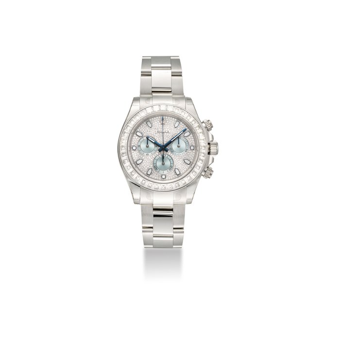 ROLEX. AN EXTREMELY FINE AND VERY RARE PLATINUM DIAMOND-SET AUTOMATIC WRISTWATCH WITH BRACELET SIGNED ROLEX, DAYTONA MODEL, REF. 116576, CASE NO. Y3S36511, CIRCA 2014