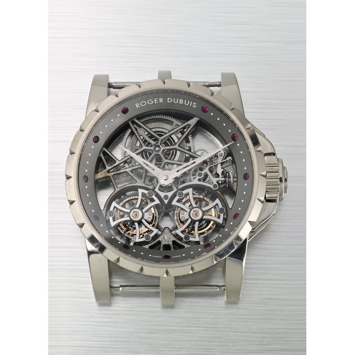 ROGER DUBUIS. AN EXTREMELY FINE AND VERY RARE 18K WHITE GOLD LIMITED EDITION SKELETONISED DOUBLE TOURBILLON WRISTWATCH SIGNED ROGER DUBUIS, EXCALIBUR DOUBLE TOURBILLON SQUELETTE MODEL, NO. 15/28, REF. EX45-01SQ-20-00/SX000, CIRCA 2009