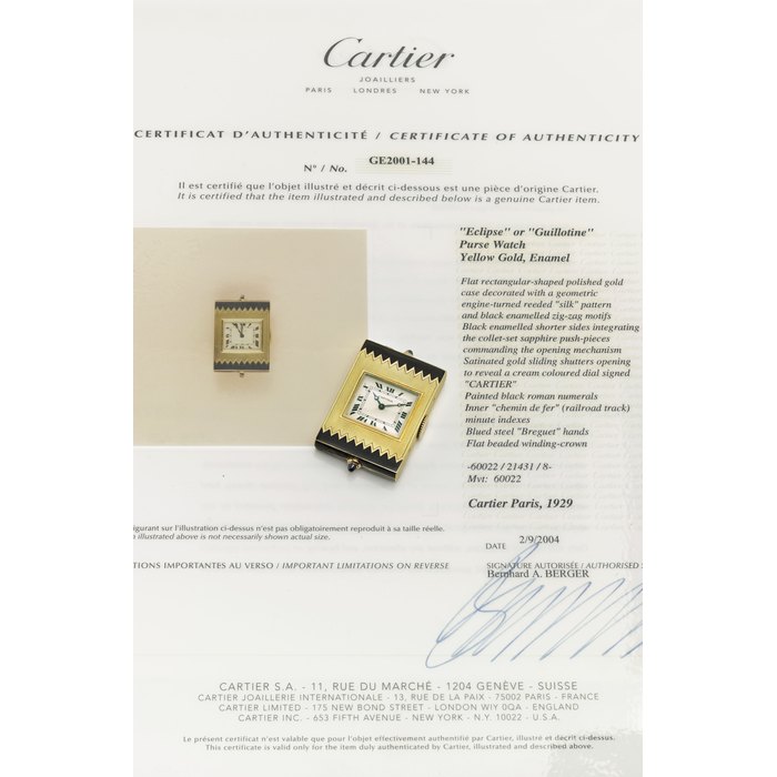 CARTIER. AN ATTRACTIVE AND RARE 18K GOLD ENAMEL AND SAPPHIRE “GUILLOTINE” POCKET WATCH SIGNED CARTIER, MOVEMENT NO. 60022, CASE NO. 21431, CIRCA 1929