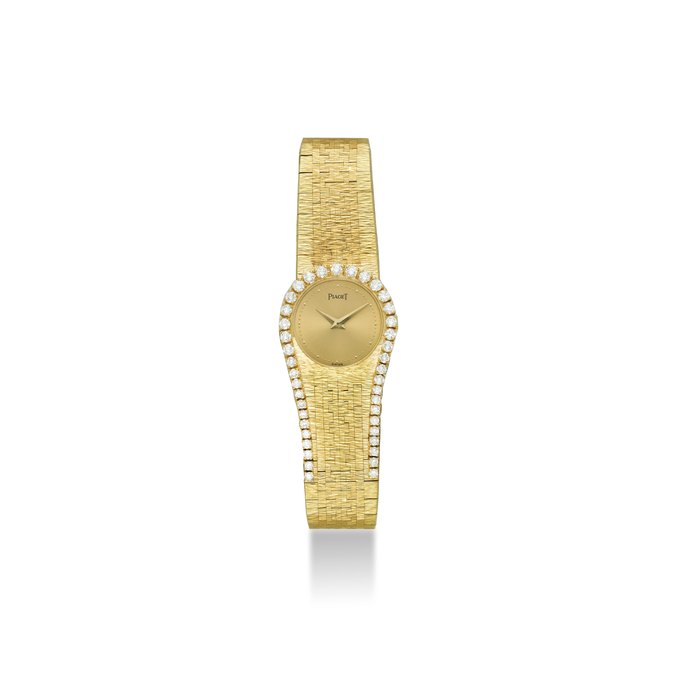 PIAGET. AN ATTRACTIVE AND ELEGANT 18K GOLD ASYMMETRIC DIAMOND-SET BRACELET WATCH SIGNED PIAGET, REF. 4181 A, MOVEMENT NO. 8’105’167, CASE NO. 391’176 CIRCA 1982