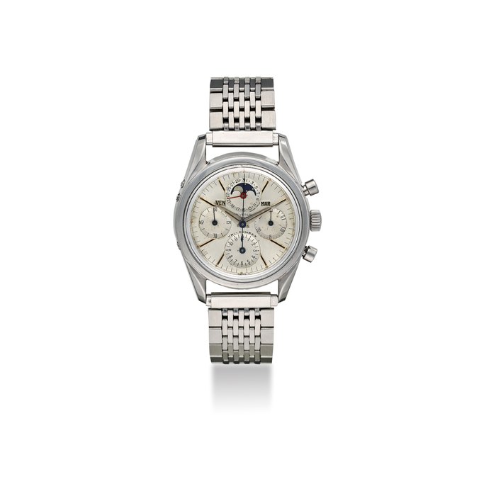 UNIVERSAL GENÈVE. A VERY FINE AND ATTRACTIVE STAINLESS STEEL TRIPLE CALENDAR CHRONOGRAPH WRISTWATCH WITH MOON PHASES SIGNED UNIVERSAL GENÈVE, TRI-COMPAX, REF.222100/1, CASE NO. 2’322’390, MANUFACTURED IN 1963