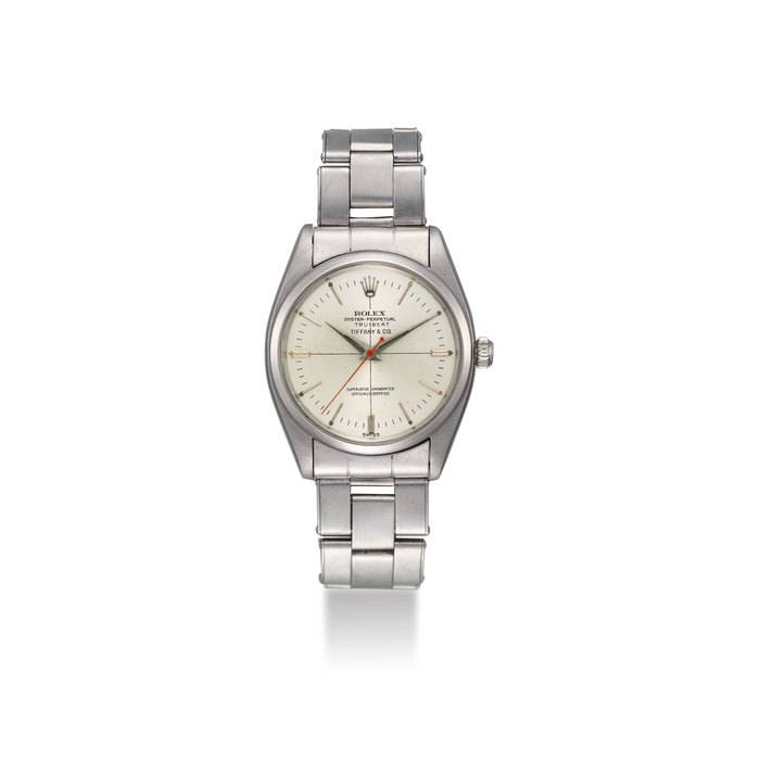 ROLEX. A VERY FINE AND RARE STAINLESS STEEL AUTOMATIC WRISTWATCH WITH DEAD-BEAT JUMP CENTRE SECONDS AND BRACELET SIGNED ROLEX, RETAILED BY TIFFANY & CO., OYSTER PERPETUAL, TRU-BEAT, REF. 6556, CASE NO. 139’017, CIRCA 1956