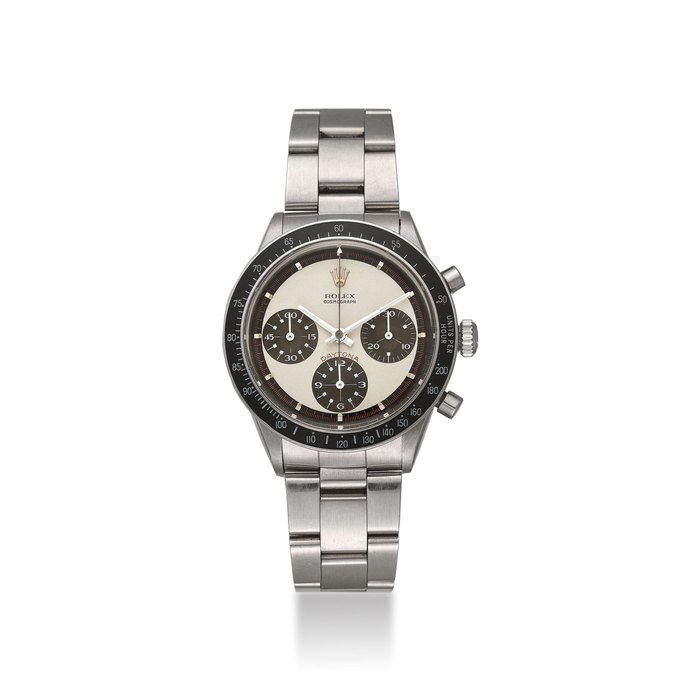 ROLEX. A VERY FINE, RARE AND ATTRACTIVE STAINLESS STEEL CHRONOGRAPH WRISTWATCH WITH PAUL NEWMAN TROPICAL DIAL SIGNED ROLEX, COSMOGRAPH, DAYTONA, REF. 6241, CASE NO. 2’036’572, CIRCA 1969
